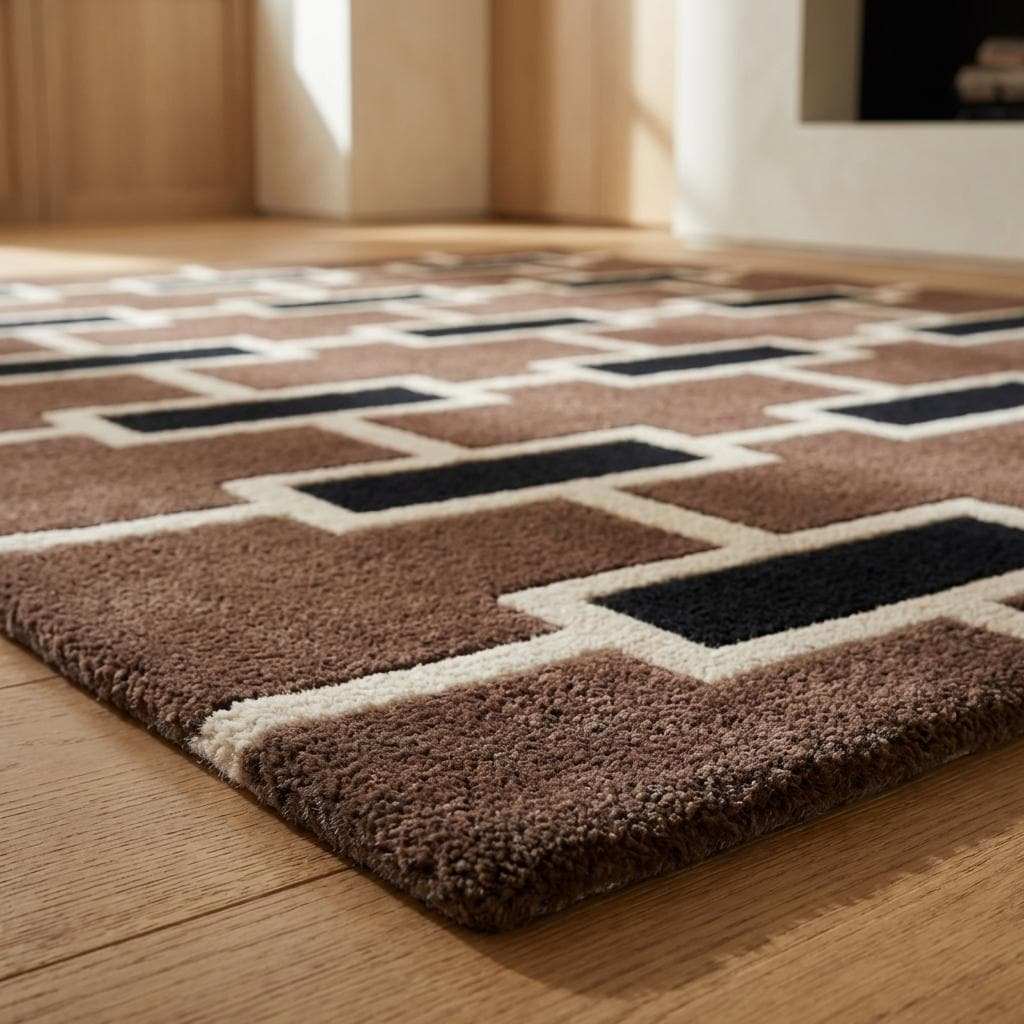 Retro inspired modern geometric wool tufted rug with ivory outline pattern and deep brown background __etsy:7837843809