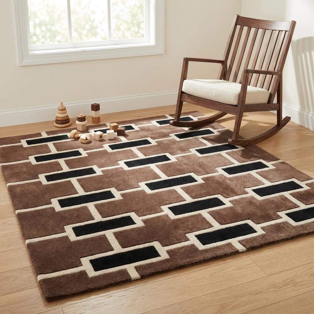 Modern mid century area rug with repeating geometric brick design styled in neutral contemporary home interior __etsy:7837843847