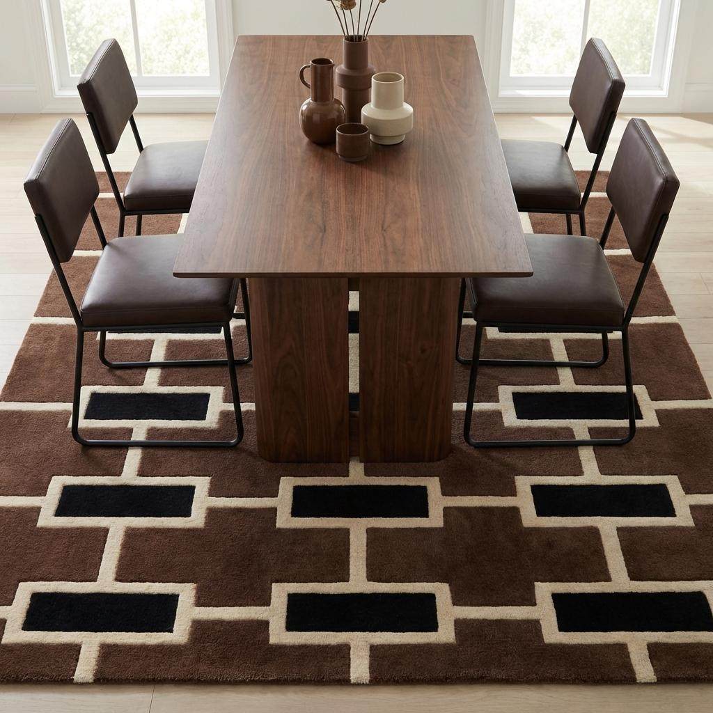 Modern Geometric Hand Tufted Rug, Mid Century Brown Retro Brick Pattern Area Carpet __etsy:7837843825