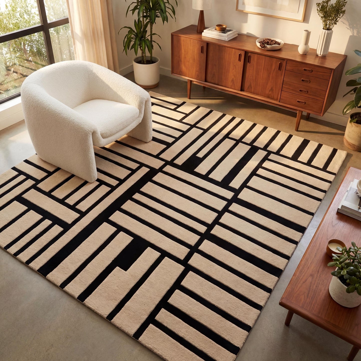 Modern geometric hand tufted wool area rug with black and cream abstract grid pattern for contemporary living rooms