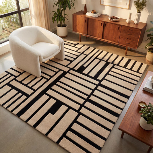 Modern geometric hand tufted wool area rug in cream with bold black grid pattern styled in contemporary living room interior