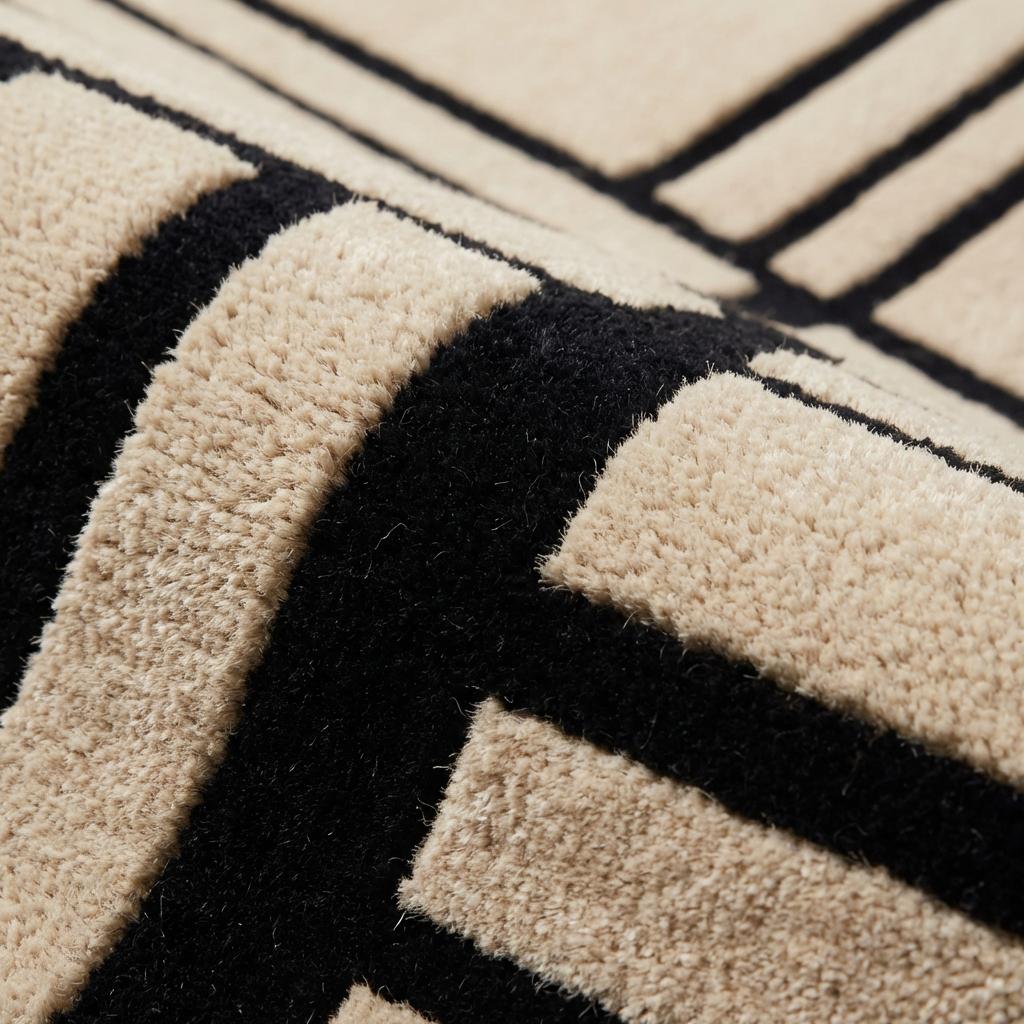 Close-up of hand tufted wool rug texture showing dense cut pile wool fibers and crisp black geometric line pattern on cream background
