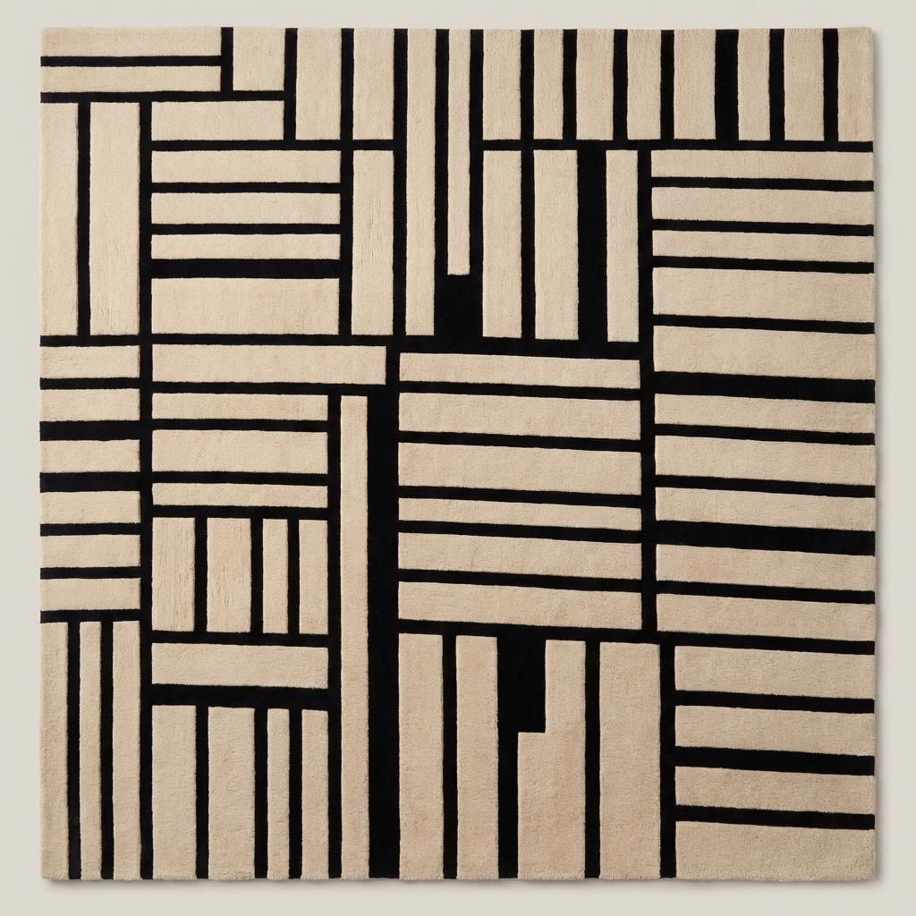 Contemporary black and cream geometric wool area rug placed under accent chair in modern minimalist living room