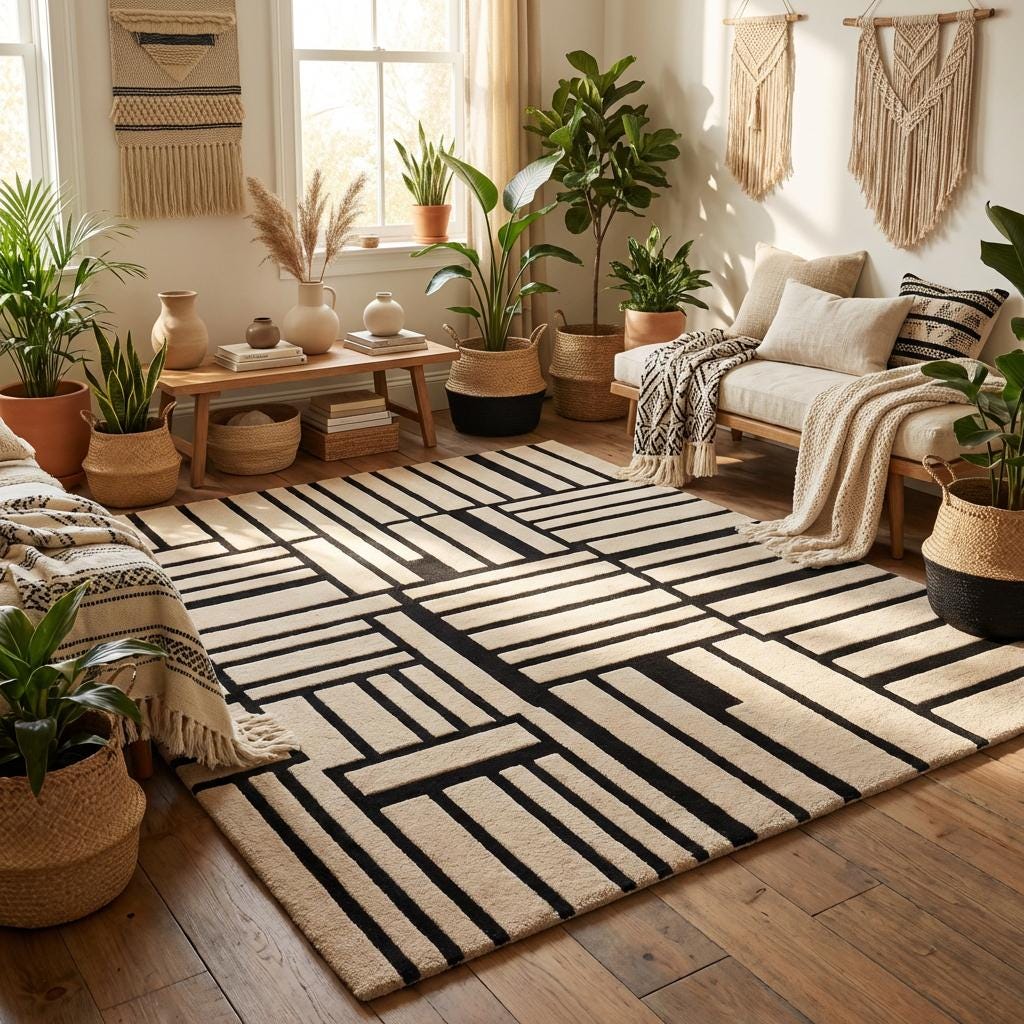 Modern Geometric Hand Tufted Wool Area Rug, Black Cream Abstract Grid Pattern Rug, Contemporary Living Room Rug, Minimalist Designer Carpet