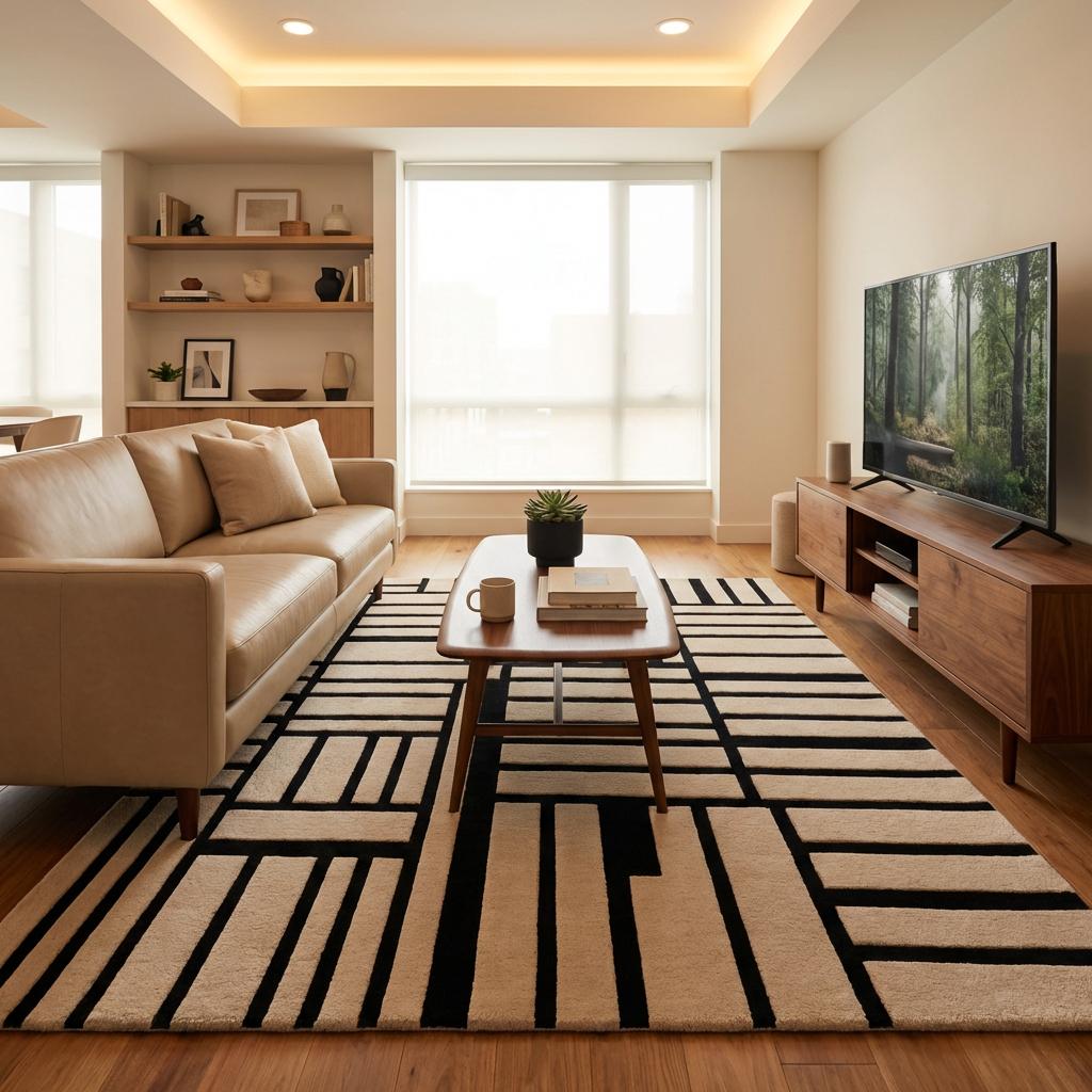 Large modern grid pattern hand tufted rug with architectural black lines over soft cream wool surface