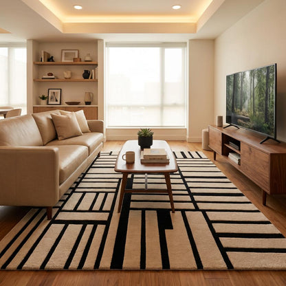 Large modern grid pattern hand tufted rug with architectural black lines over soft cream wool surface