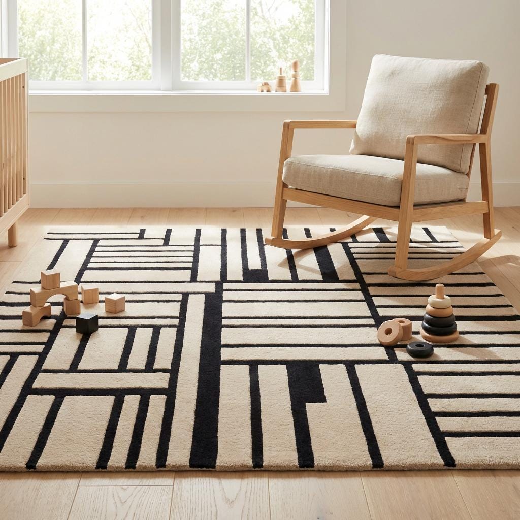 Minimalist modern area rug with abstract geometric blocks designed for contemporary living room decor