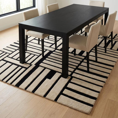 Hand tufted wool geometric carpet creating bold modern interior statement with black line grid design
