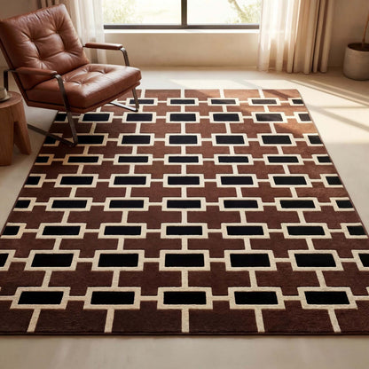 Modern brown geometric hand tufted wool rug carpet with black block pattern and ivory connecting lines styled in contemporary living room __etsy:7789930050