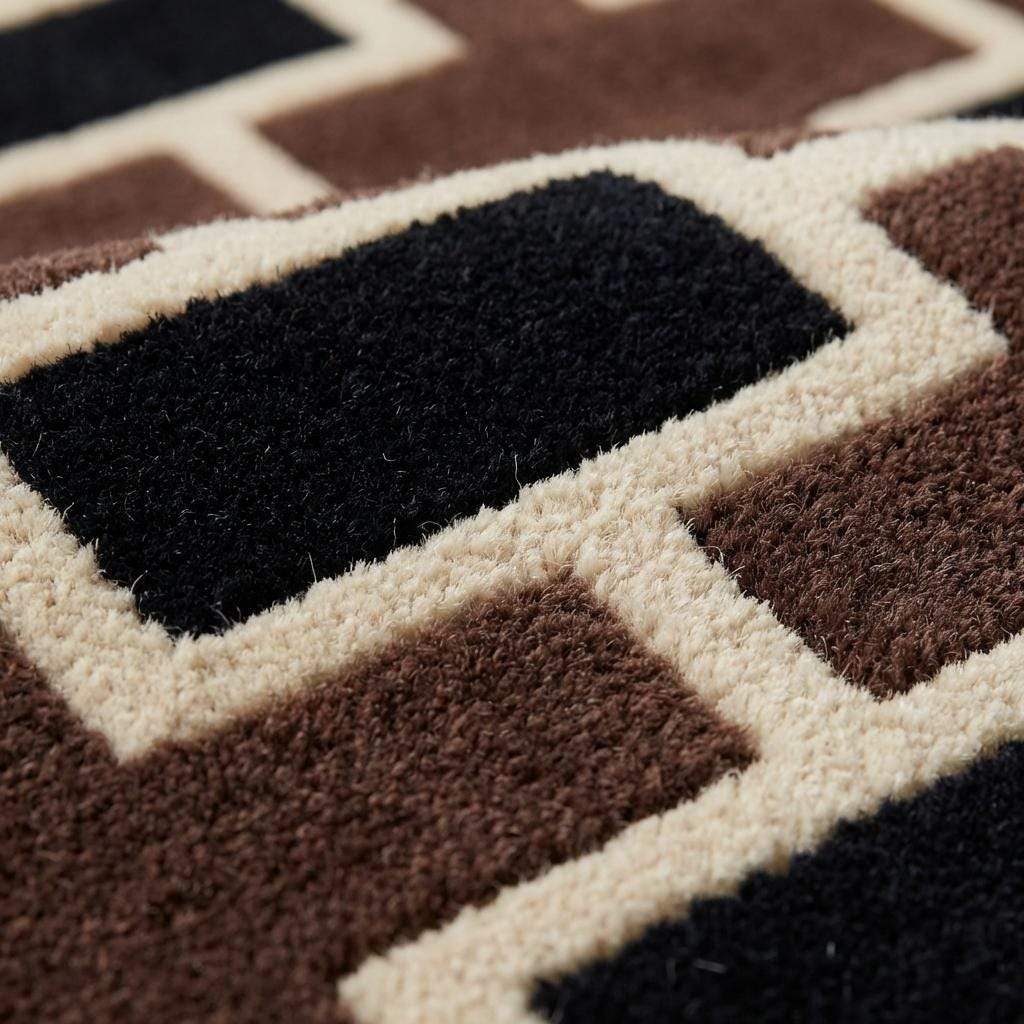 Modern geometric tufted wool rug in brown and black with mid-century design for living room