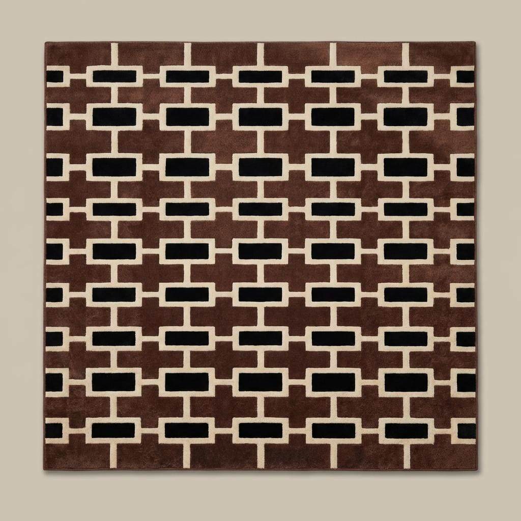 Modern geometric tufted wool rug with brown and black mid-century design for living room