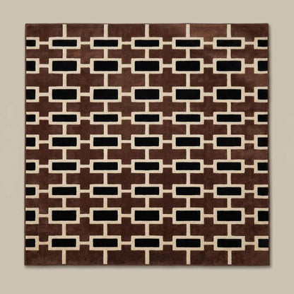 Modern geometric tufted wool rug with brown and black mid-century design for living room