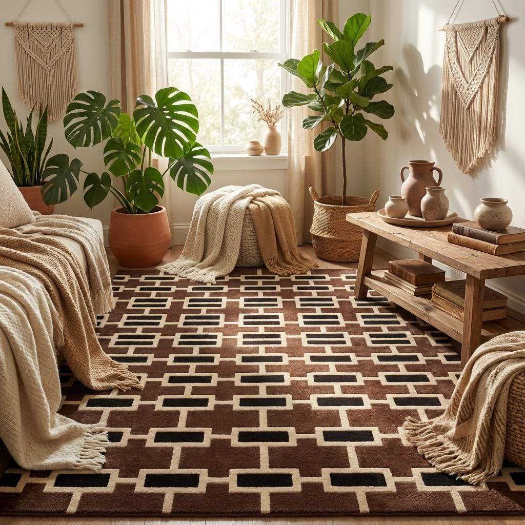 Modern geometric tufted rug with brown and black mid-century design in living room