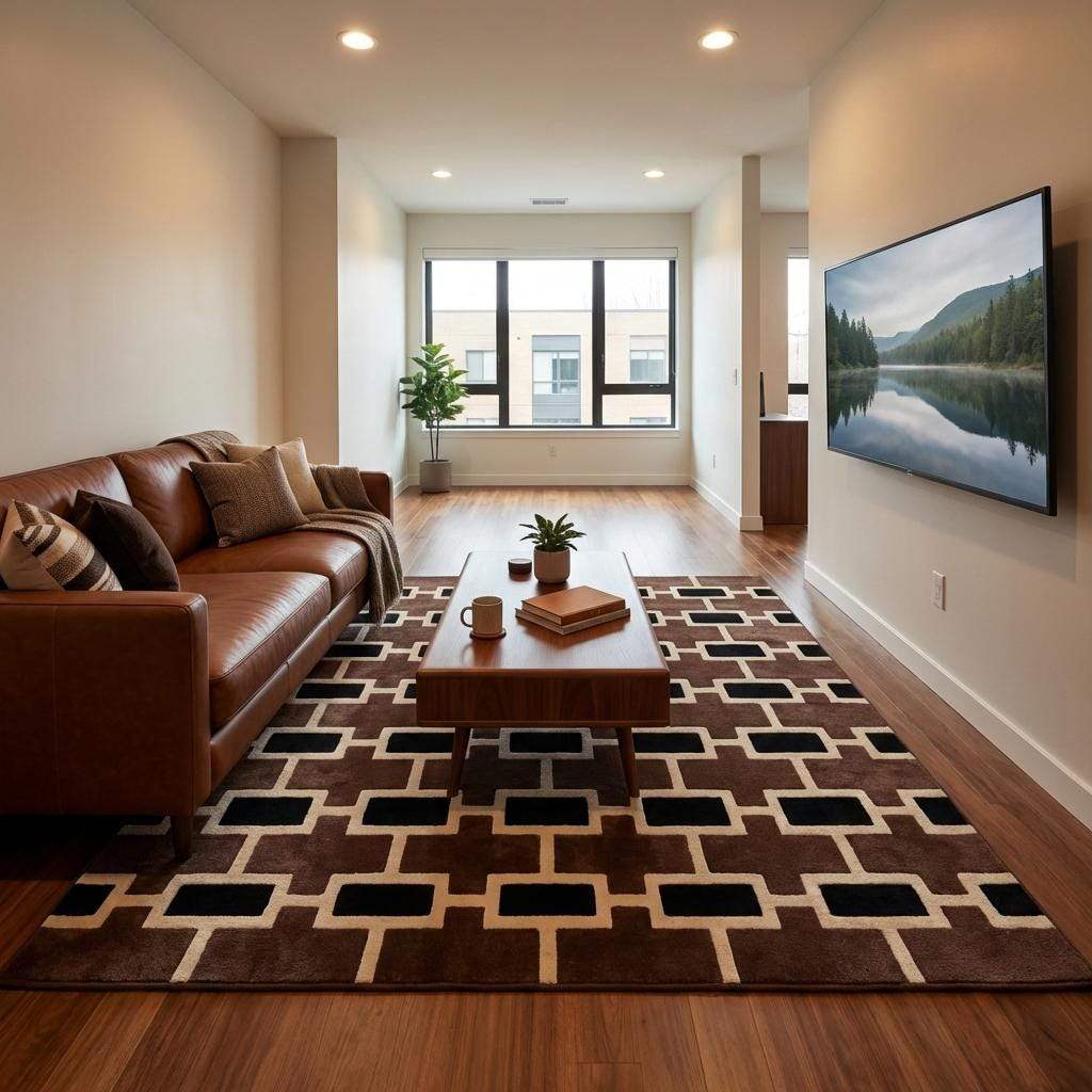Modern geometric tufted wool rug with brown, black, and ivory mid-century pattern in living room setting