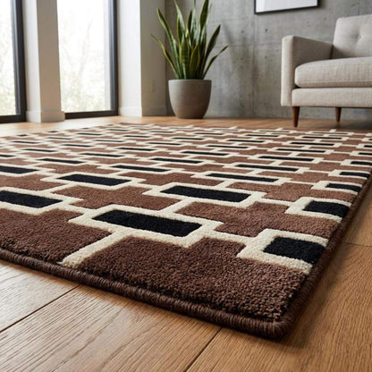 Modern geometric tufted rug with brown and black mid-century design in living room