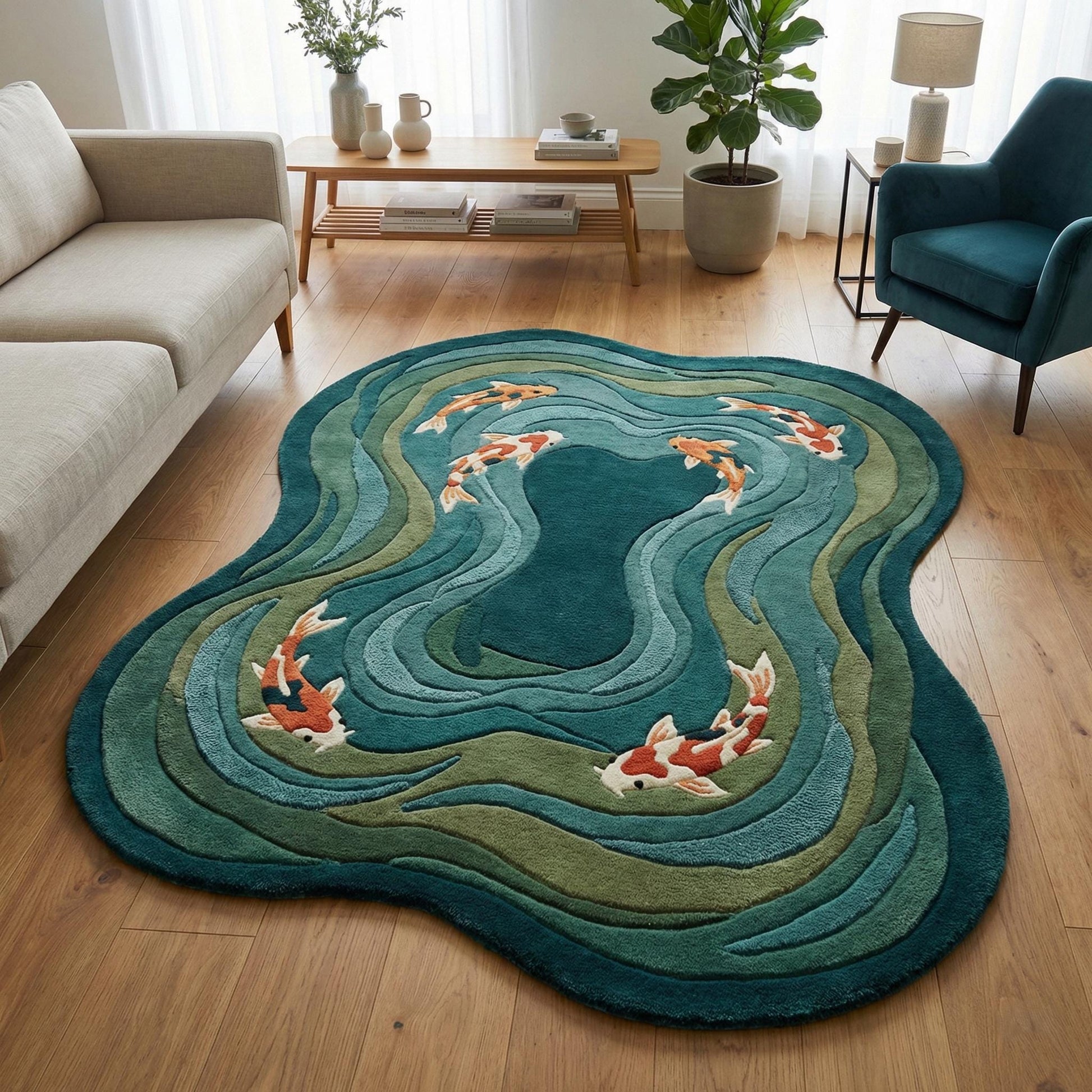 Modern hand tufted koi fish rug with organic shape and wool pile texture