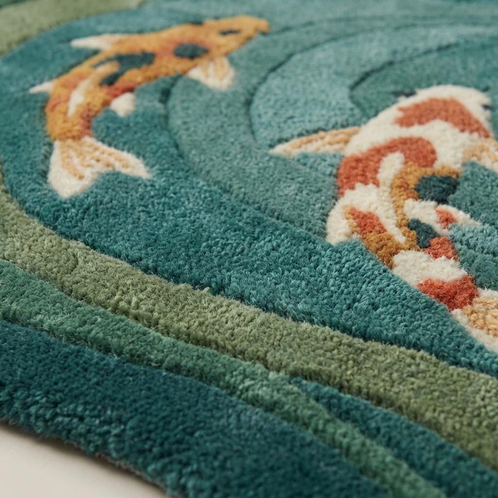 Modern hand tufted koi fish rug with organic shape and plush wool pile