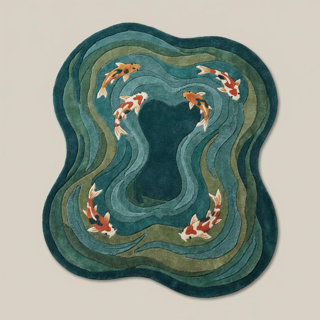 Modern hand tufted koi fish wool rug with organic shape and plush texture