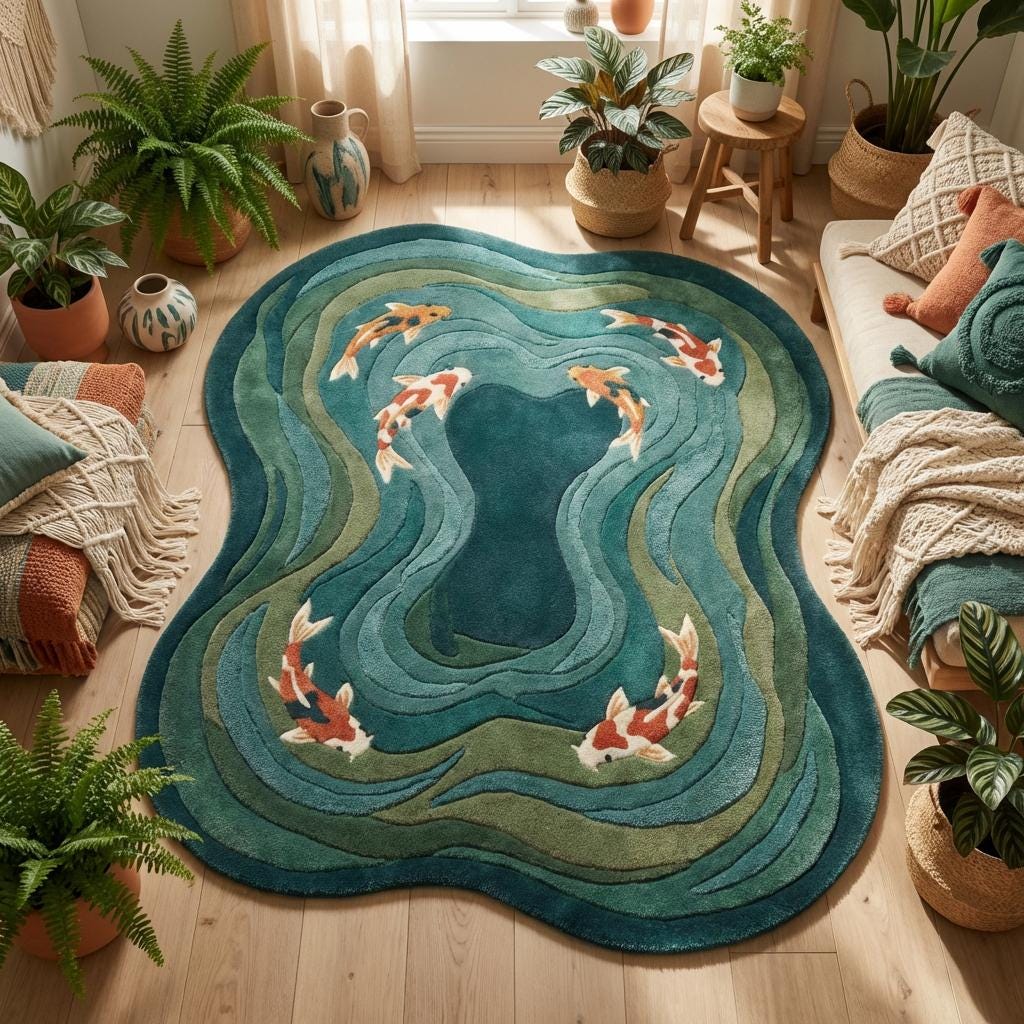 Modern hand tufted koi fish rug with organic shape and plush wool pile