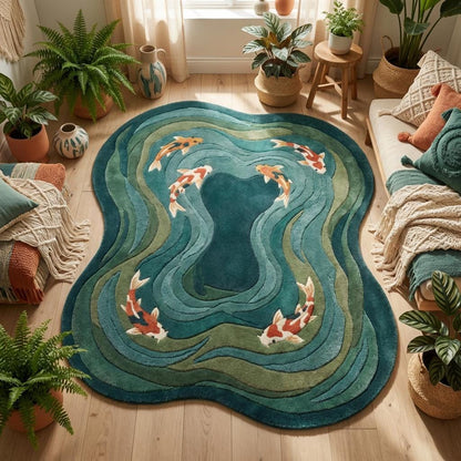 Modern hand tufted koi fish rug with organic shape and plush wool pile
