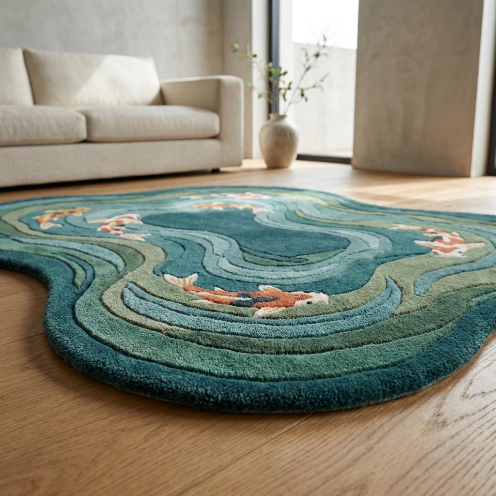 Modern hand tufted wool koi fish rug with organic shape and flowing design