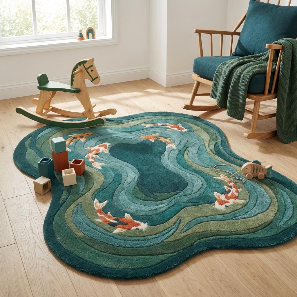 Modern hand tufted koi fish wool rug with organic shape and artistic design