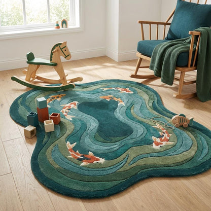 Modern hand tufted koi fish wool rug with organic shape and artistic design