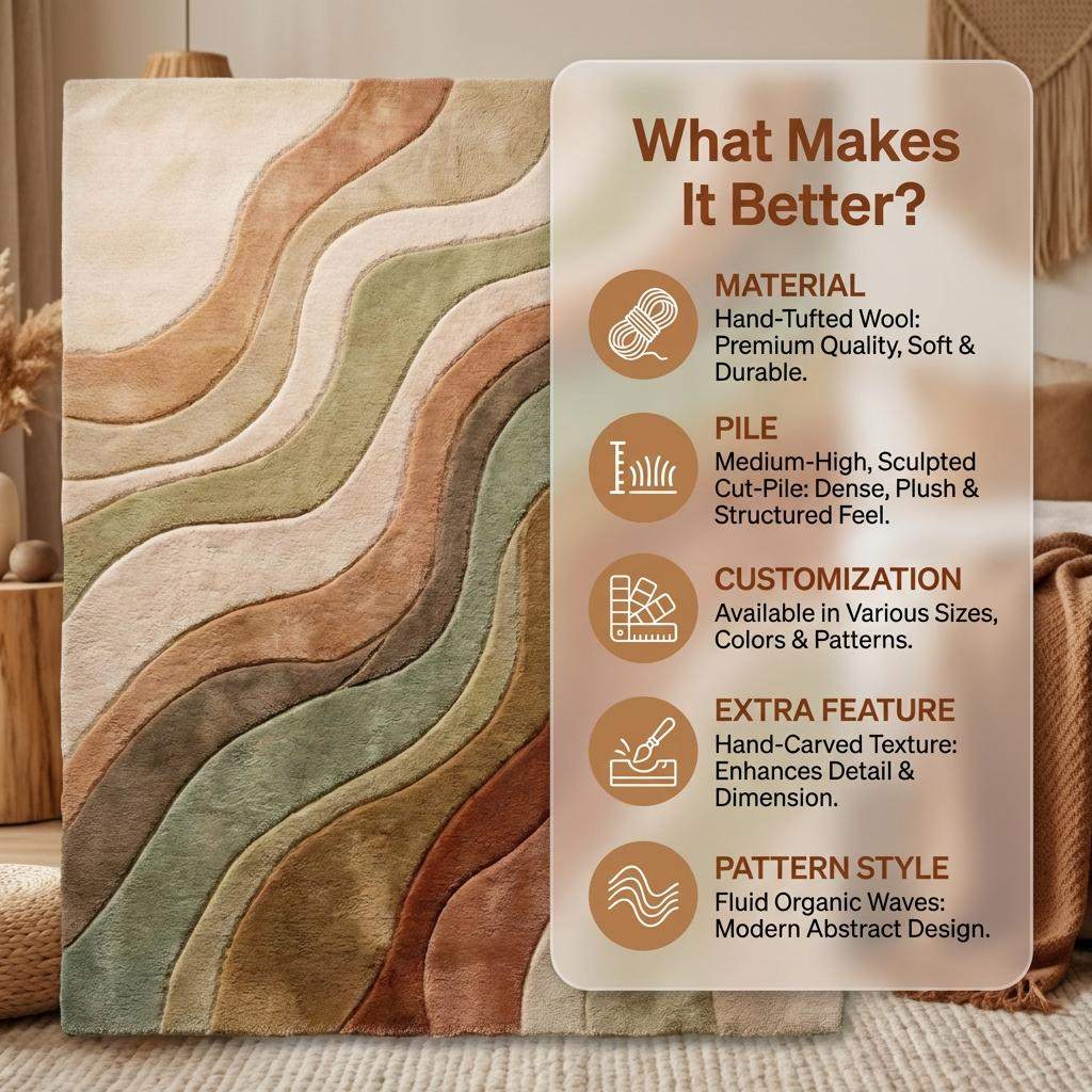 Modern Hand Tufted Rug Abstract Wave Carpet, Earth Tone Wool Area Rug, Living Room Boho Organic Design __etsy:7892547181