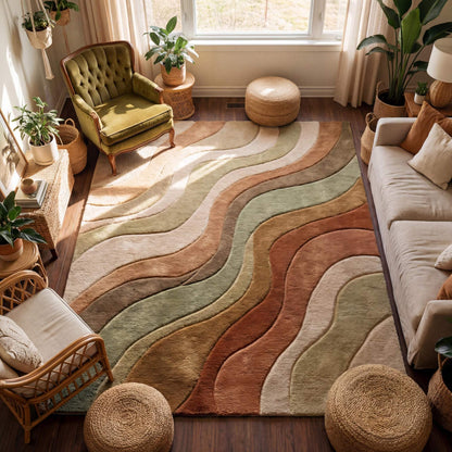Modern hand tufted rug with abstract wave design in green beige and terracotta tones styled in cozy living room __etsy:7892546515