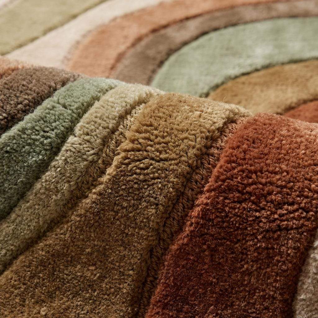 Close-up of hand tufted wool rug showing soft plush pile and carved wave texture in earth tone colors __etsy:7892547167