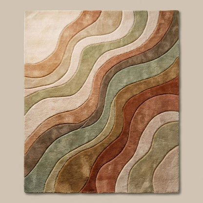 Abstract wave area rug in neutral earth tones placed under sofa and chair in modern living space __etsy:7892547119