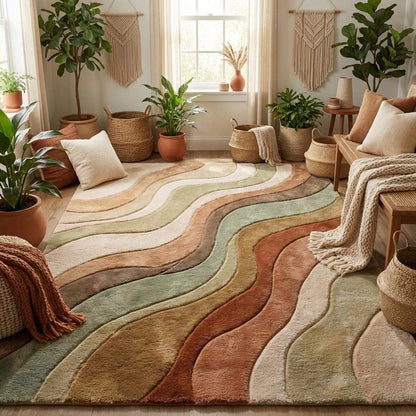Large 8x10 tufted rug with organic curved pattern in sage green cream and rust tones __etsy:7892547129