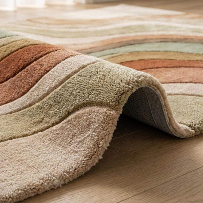 Modern Hand Tufted Rug Abstract Wave Carpet, Earth Tone Wool Area Rug, Living Room Boho Organic Design __etsy:7844592488