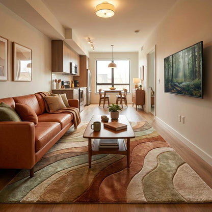 Modern living room styled with earth tone tufted rug and natural decor elements __etsy:7892547123