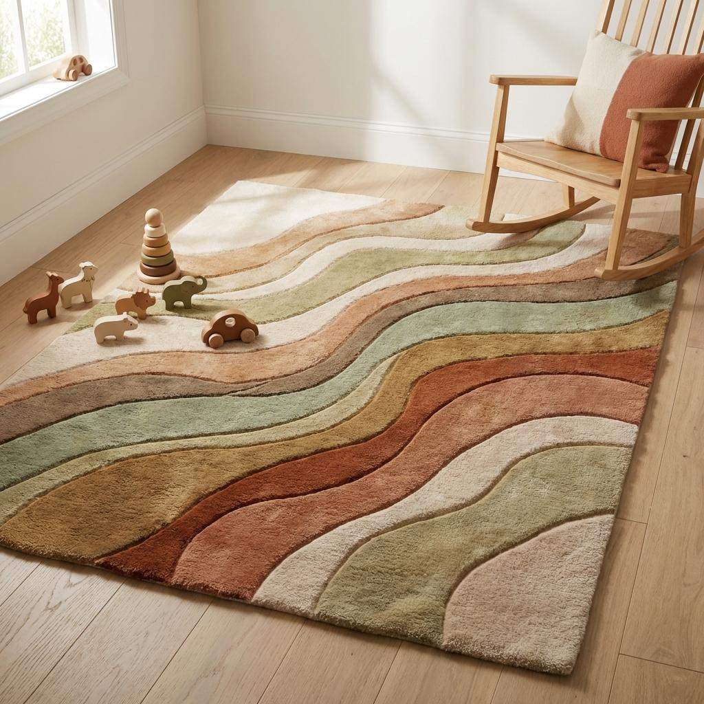 Soft wool hand tufted carpet with flowing wave pattern perfect for boho and contemporary interiors __etsy:7844592490