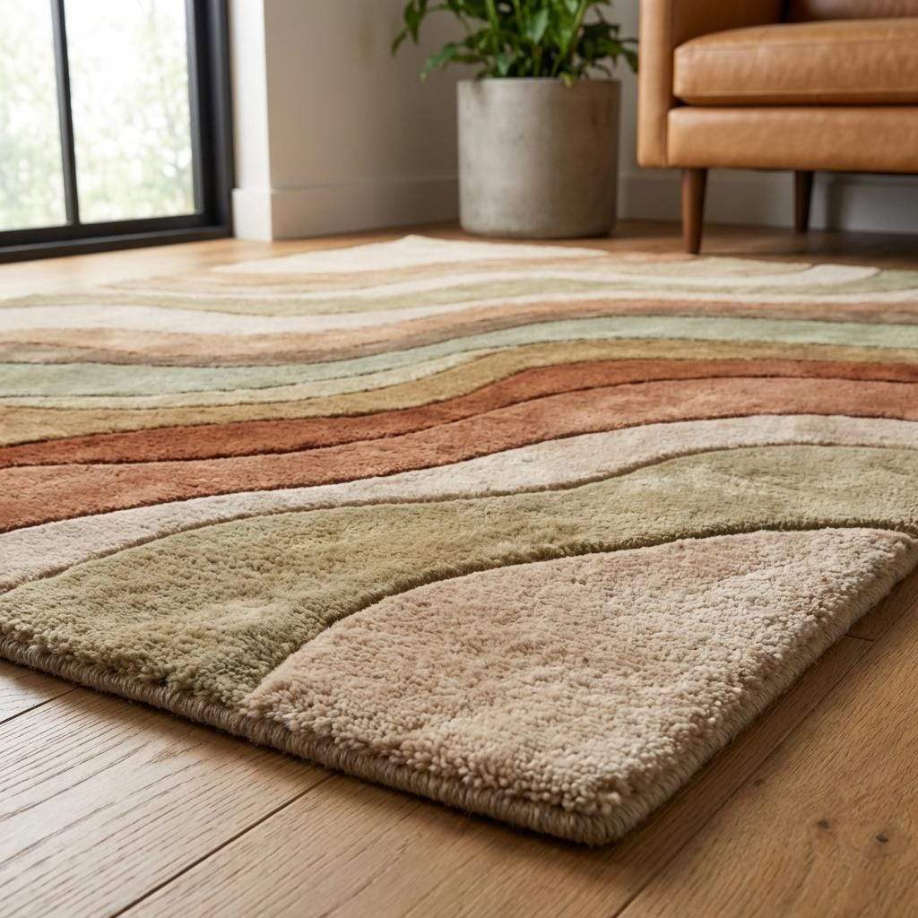 Modern Hand Tufted Rug Abstract Wave Carpet, Earth Tone Wool Area Rug, Living Room Boho Organic Design __etsy:7892547115