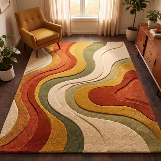Modern abstract tufted rug with wavy design in rust mustard green and cream in stylish living room __etsy:7896502336