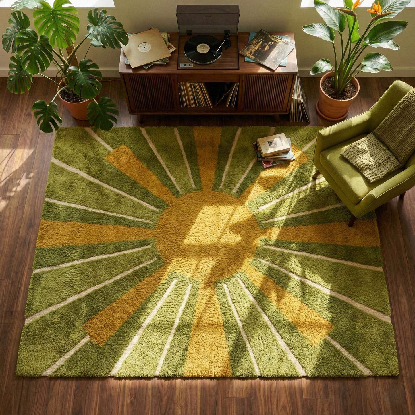 Modern hand tufted wool rug with mid-century sunburst pattern in moss green and mustard yellow