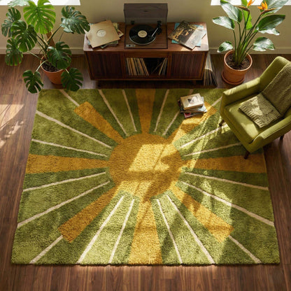 Modern hand tufted wool rug with mid-century sunburst pattern in moss green and mustard yellow