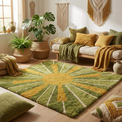 Retro mid century modern sunburst shag rug, handmade tufted wool carpet with green yellow geometric rays, cozy aesthetic home decor for lounge and apartment.