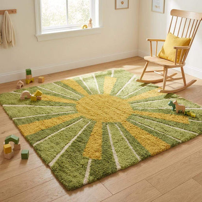 Modern boho hand tufted wool area rug with bold sunburst pattern, moss green mustard yellow plush pile, perfect statement rug for living room upgrade.