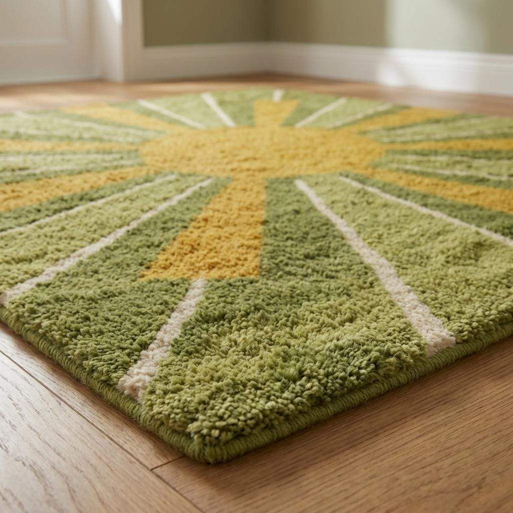 Handmade shag wool rug featuring geometric sunburst rays, green and golden yellow retro design, aesthetic mid century decor rug for bedroom or studio.