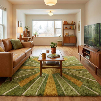 Cozy plush hand tufted wool carpet, retro sunburst statement rug in olive green and mustard tones, ideal housewarming gift and modern home decor.