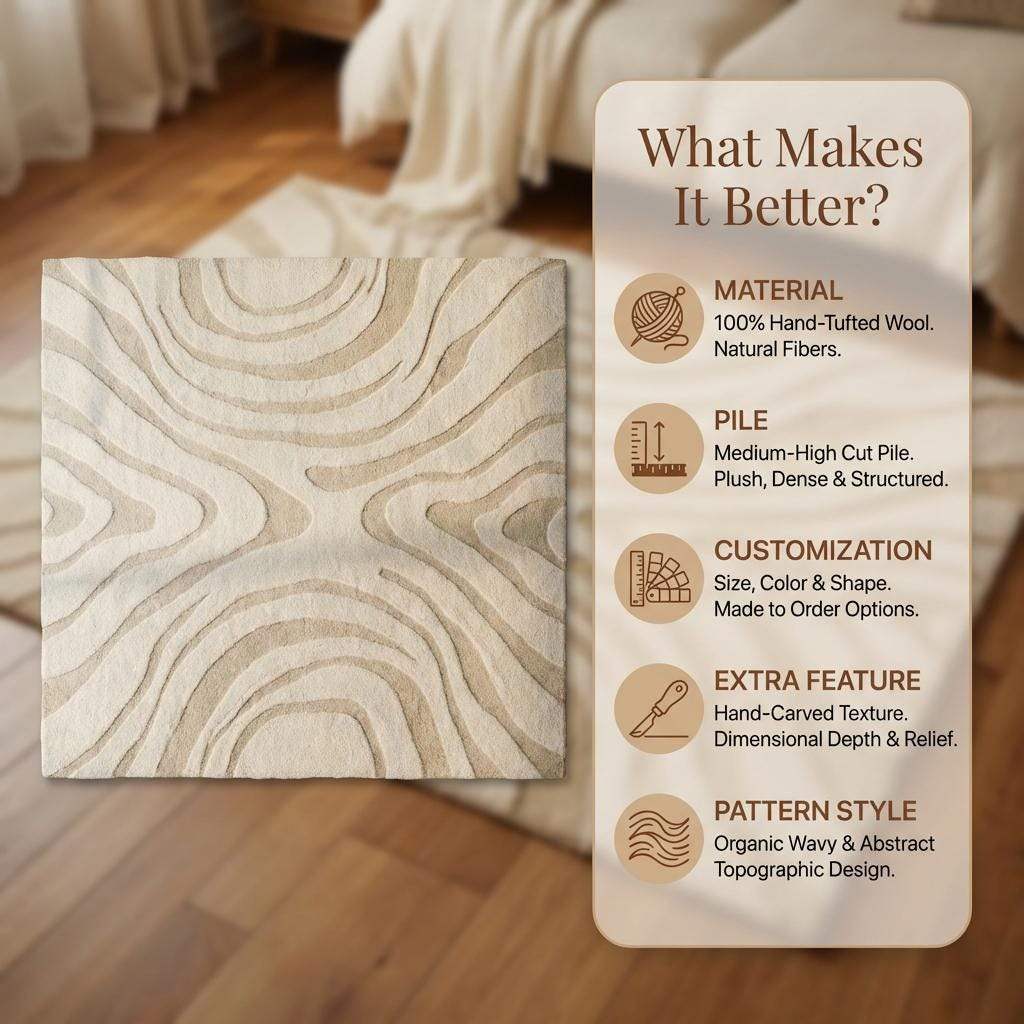 Modern Hand Tufted Wool Rug, Neutral Wavy Abstract Area Rug, Cozy Housewarming Gift