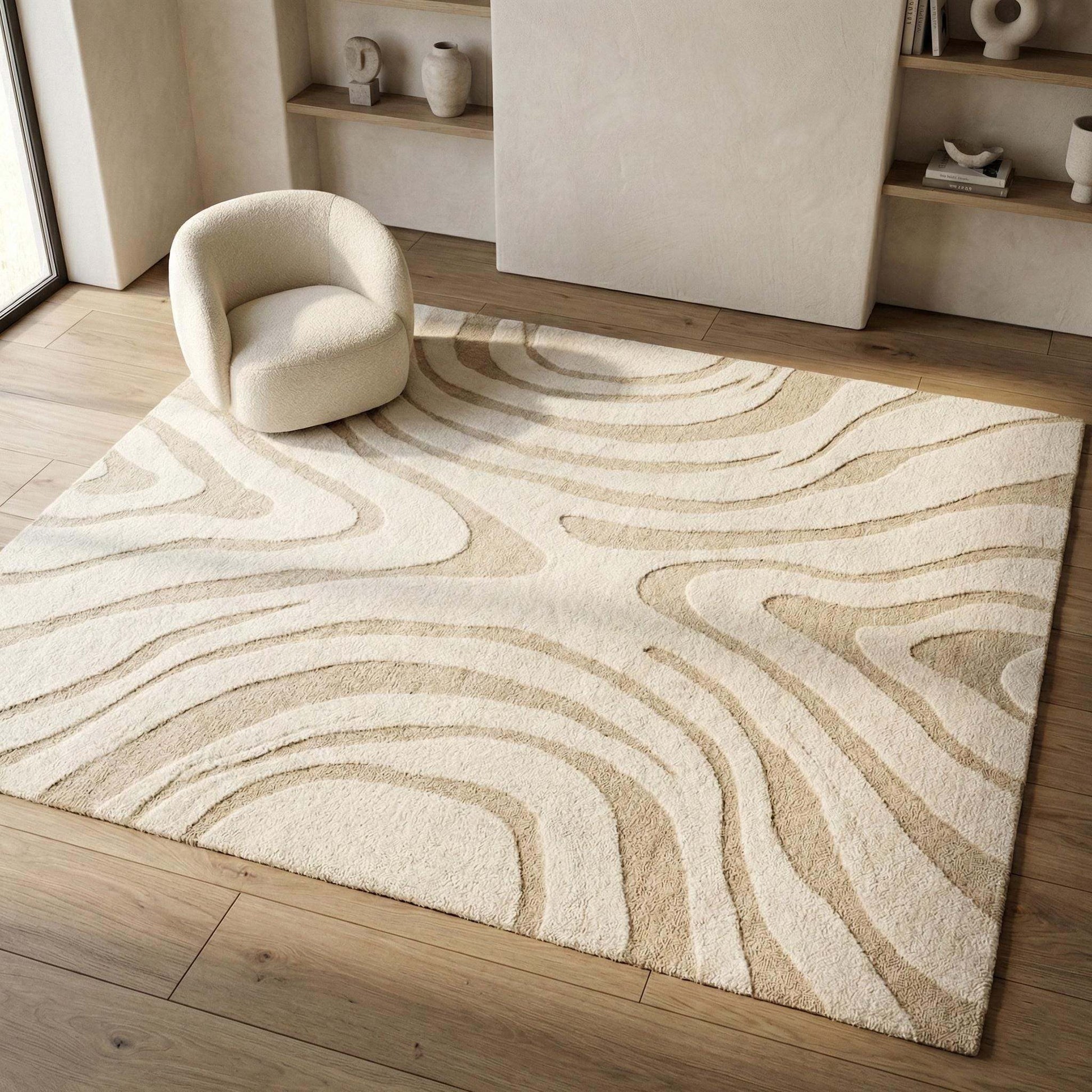 Modern hand tufted wool rug with neutral wavy abstract design for cozy minimalist décor