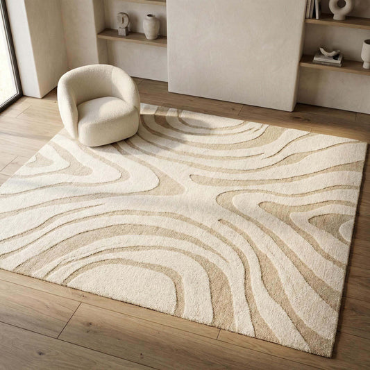 Modern hand tufted wool rug with neutral wavy abstract design for cozy minimalist décor