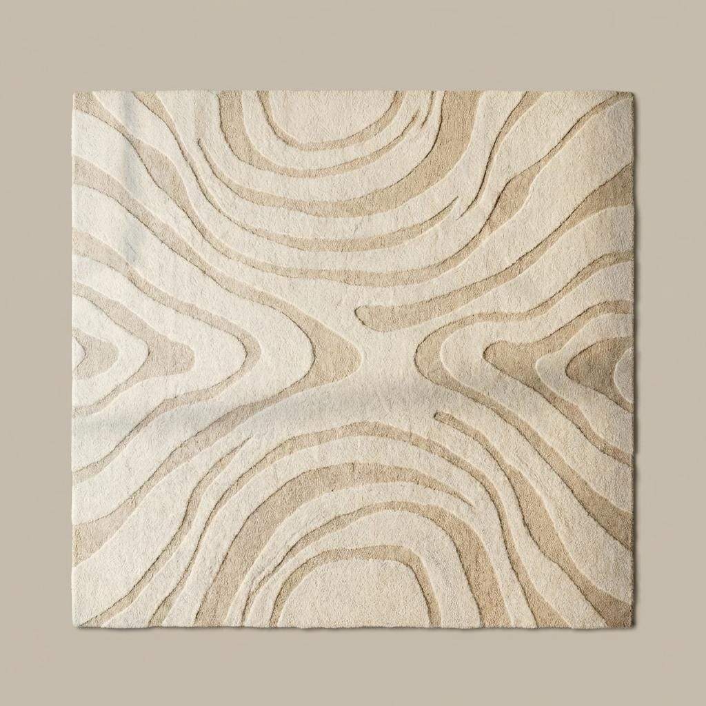 Neutral abstract area rug hand tufted wool, topographic wavy line design in cream beige tones, modern Scandinavian Japandi home styling for living room or bedroom decor.