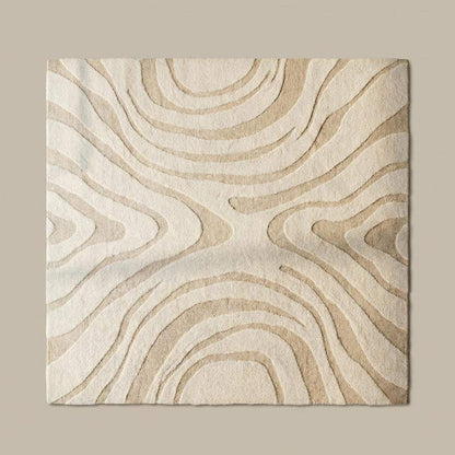 Neutral abstract area rug hand tufted wool, topographic wavy line design in cream beige tones, modern Scandinavian Japandi home styling for living room or bedroom decor.