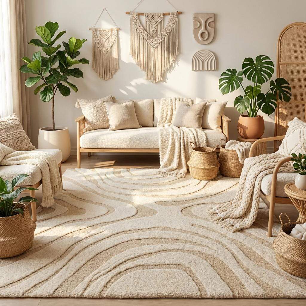 Plush wool tufted rug with ripple swirl contour lines, minimalist aesthetic room decor, soft cozy underfoot texture, ideal for spring home refresh and new home gift.