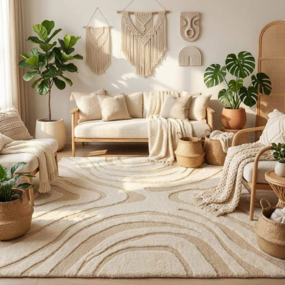 Plush wool tufted rug with ripple swirl contour lines, minimalist aesthetic room decor, soft cozy underfoot texture, ideal for spring home refresh and new home gift.